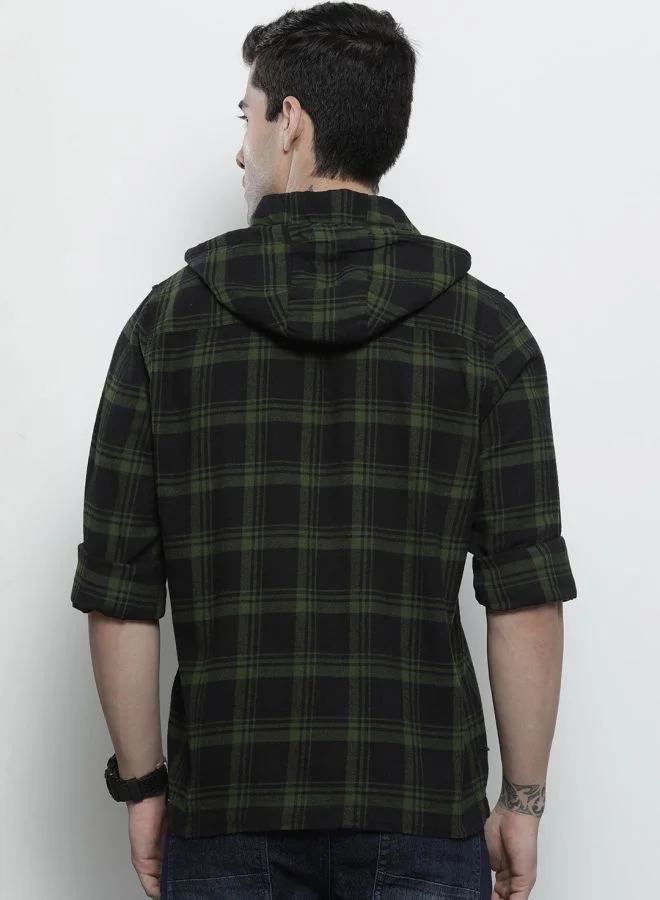 شركة المرآب الهندية Men Regular Fit Checkered Full Sleeves Hooded Double Flap Pocket Casual Over Shirt