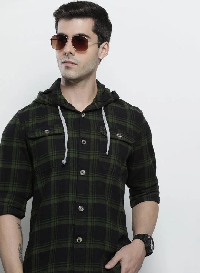 شركة المرآب الهندية Men Regular Fit Checkered Full Sleeves Hooded Double Flap Pocket Casual Over Shirt
