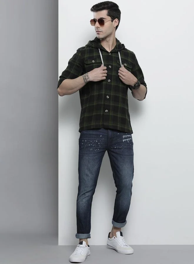 شركة المرآب الهندية Men Regular Fit Checkered Full Sleeves Hooded Double Flap Pocket Casual Over Shirt