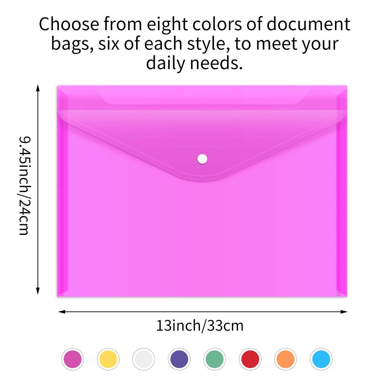 EOOUT 48 Pack Plastic Envelopes Poly Envelopes with Snap Closure, Clear Document File Folders, A4 Letter Size for School Home Work Office Organization, 8 Colors - Image 2