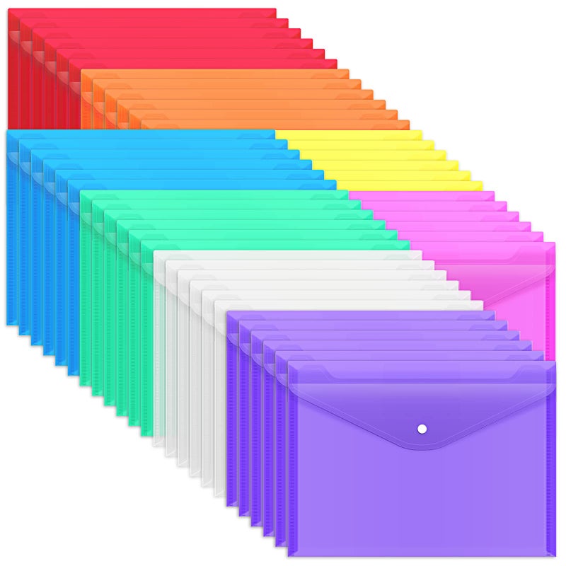 EOOUT 48 Pack Plastic Envelopes Poly Envelopes with Snap Closure, Clear Document File Folders, A4 Letter Size for School Home Work Office Organization, 8 Colors - Image 1