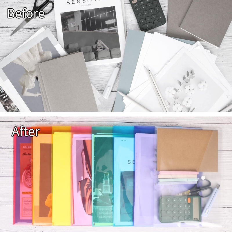 EOOUT 48 Pack Plastic Envelopes Poly Envelopes with Snap Closure, Clear Document File Folders, A4 Letter Size for School Home Work Office Organization, 8 Colors - Image 5