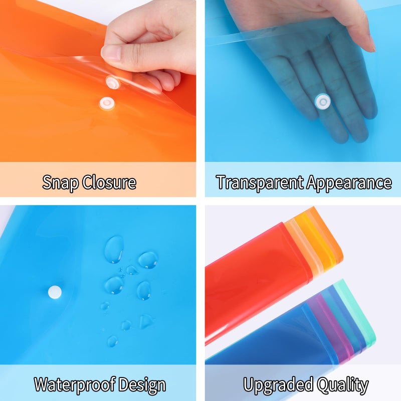 EOOUT 48 Pack Plastic Envelopes Poly Envelopes with Snap Closure, Clear Document File Folders, A4 Letter Size for School Home Work Office Organization, 8 Colors - Image 4