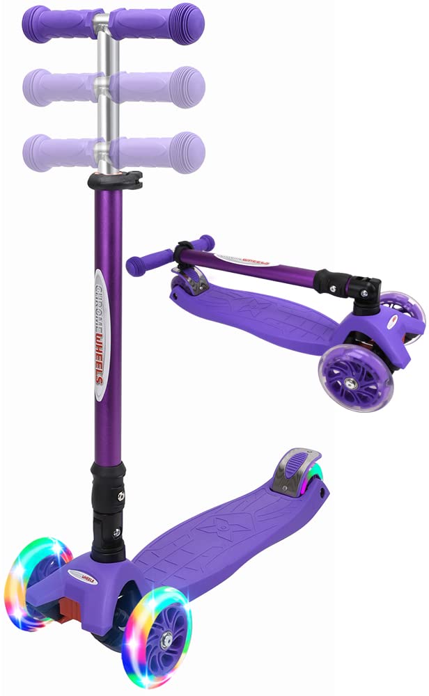 ChromeWheels Scooters for Kids Deluxe Kick Scooter Foldable 4 Adjustable Height 132lbs Weight Limit 3 Wheel Lean to Steer LED Light Up Wheels Best Gifts for Girls Boys Age 312 Year Old Purple