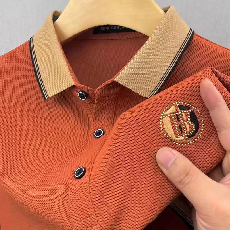 2024 Summer Mens Trendy Short Sleeve POLO Shirt Orange red - Image 1