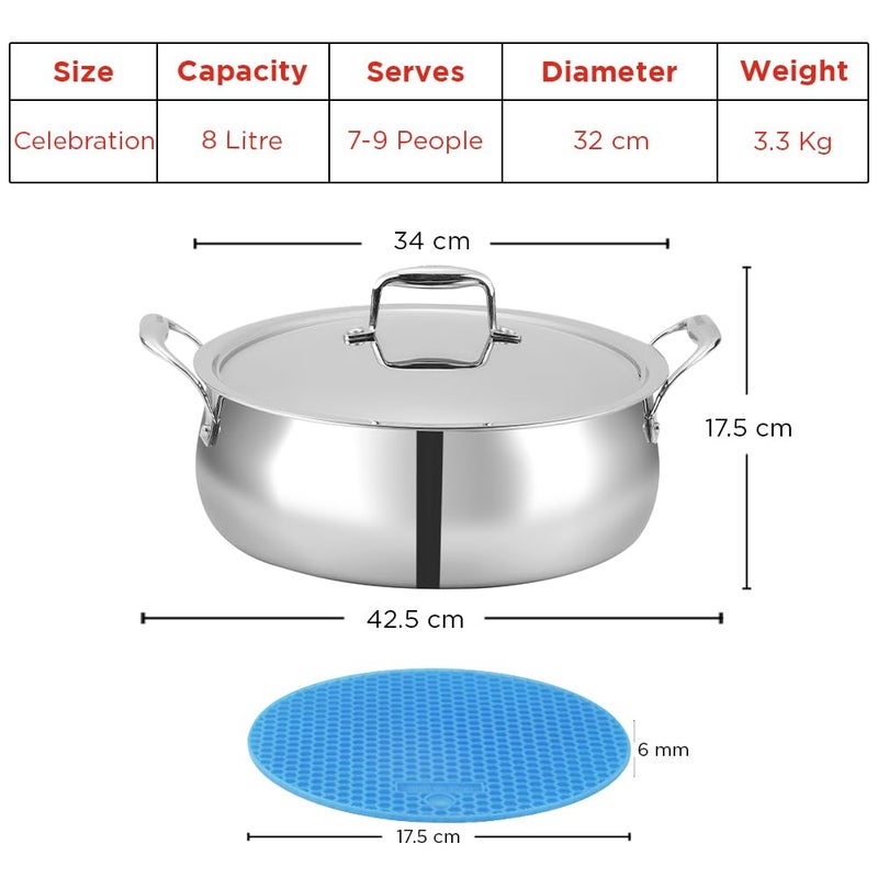 Vinod Platinum Chef’s Lagan Pot 32 cm - 8 Litre | Triply Stainless Steel Biryani Pot Heavy Bottom | Shallow Lagan Handi for Cooking Biryani | Healthy Triply Cookware, Induction Friendly, With Lid - Image 2