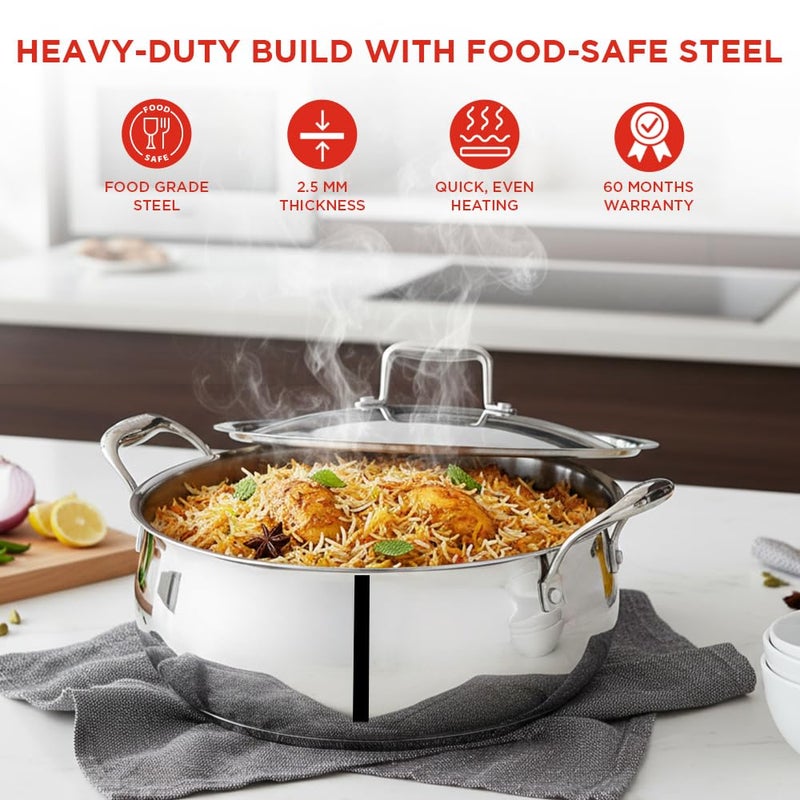 Vinod Platinum Chef’s Lagan Pot 32 cm - 8 Litre | Triply Stainless Steel Biryani Pot Heavy Bottom | Shallow Lagan Handi for Cooking Biryani | Healthy Triply Cookware, Induction Friendly, With Lid - Image 3