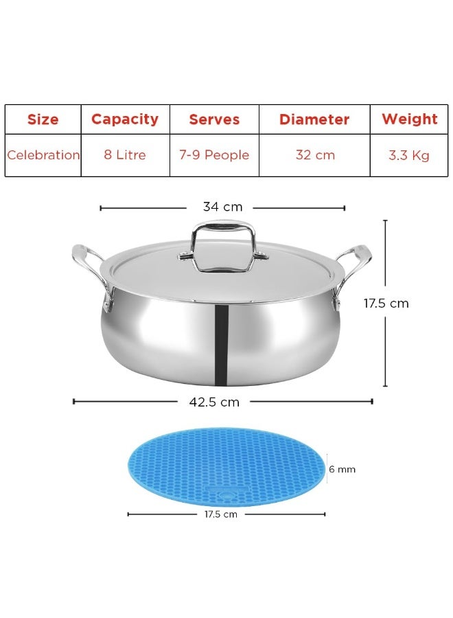 Vinod Platinum Chef's Triply Stainless Steel Lagan Pot with Lid, 32 cm, 8 L, Induction Compatible - Image 2
