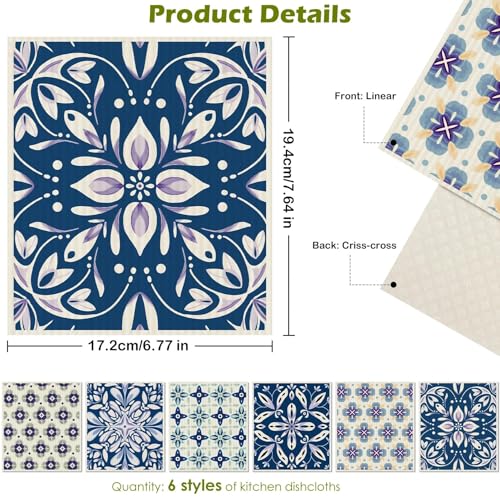 Revahope 6 Packs Swedish Paper Cloths for Kitchen, Reusable Paper Towels Washable Dish Rags, Highly Absorbent Kitchen Towels Quick Drying Swedish Sponge Cleaning Dish Cloths (Blue Ornamentation) - Image 2