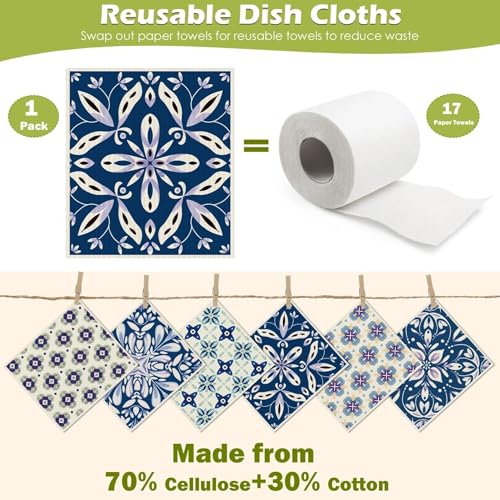 Revahope 6 Packs Swedish Paper Cloths for Kitchen, Reusable Paper Towels Washable Dish Rags, Highly Absorbent Kitchen Towels Quick Drying Swedish Sponge Cleaning Dish Cloths (Blue Ornamentation) - Image 3