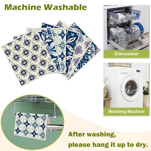 Revahope 6 Packs Swedish Paper Cloths for Kitchen, Reusable Paper Towels Washable Dish Rags, Highly Absorbent Kitchen Towels Quick Drying Swedish Sponge Cleaning Dish Cloths (Blue Ornamentation) - Image 5