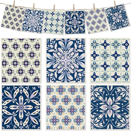 Revahope 6 Packs Swedish Paper Cloths for Kitchen, Reusable Paper Towels Washable Dish Rags, Highly Absorbent Kitchen Towels Quick Drying Swedish Sponge Cleaning Dish Cloths (Blue Ornamentation) - Image 1