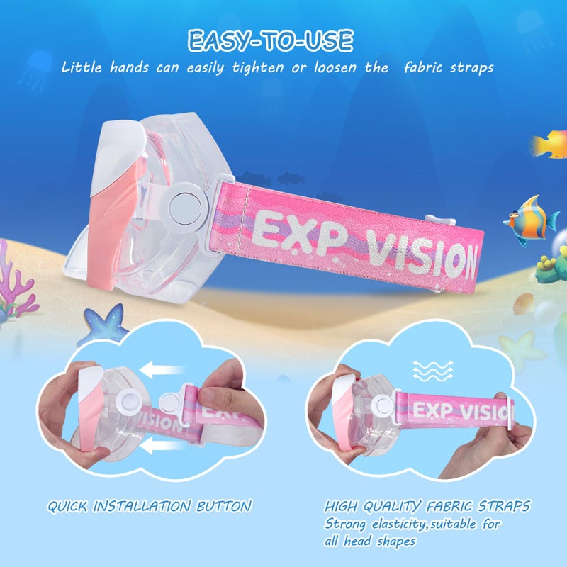 EXP VISION Kids Swim Mask - 180Â° Anti-Fog Child Snorkeling Diving Mask, Leak-Proof Kids Swim Goggles Nose Cover with Fabric Strap for Boys & Girls Ages 4-14, Shatter-Resistant PC Lens (Pink) - Image 5