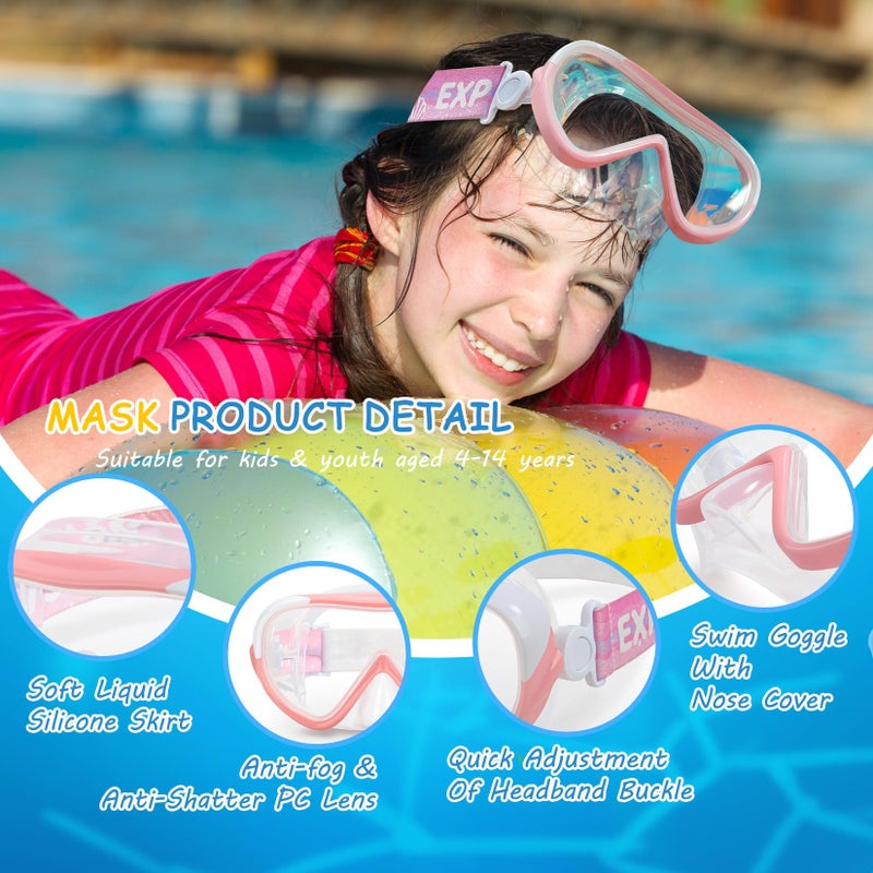 EXP VISION Kids Swim Mask - 180Â° Anti-Fog Child Snorkeling Diving Mask, Leak-Proof Kids Swim Goggles Nose Cover with Fabric Strap for Boys & Girls Ages 4-14, Shatter-Resistant PC Lens (Pink) - Image 3