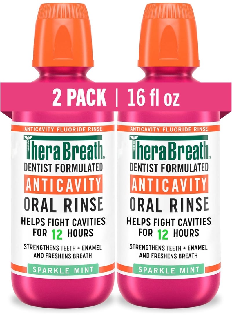 ثيرابريذ TheraBreath Cavity,Bad Breath Healthy Smile Dentist Formulated 24-Hour Oral Rinse, Sparkle Mint, 16 Ounce (Pack of 2) - Image 1