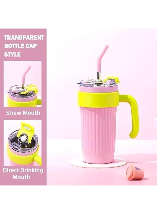 Happy Home Thermal Mug with Handle, Lid and Straw Stainless Steel Insulated Mug Reusable Travel Coffee Mug Suitable for Home and Office 860ml (Pink)  - Image 2