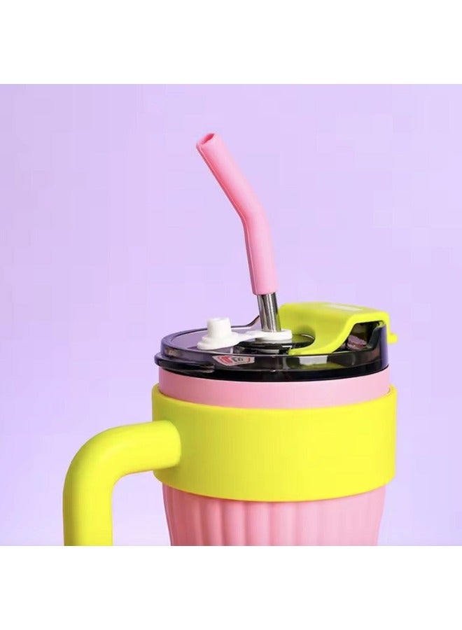 Happy Home Thermal Mug with Handle, Lid and Straw Stainless Steel Insulated Mug Reusable Travel Coffee Mug Suitable for Home and Office 860ml (Pink)  - Image 3