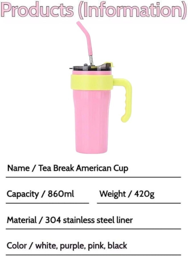 Happy Home Thermal Mug with Handle, Lid and Straw Stainless Steel Insulated Mug Reusable Travel Coffee Mug Suitable for Home and Office 860ml (Pink)  - Image 5