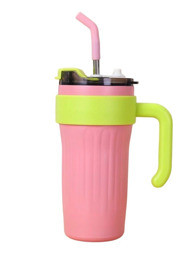 Happy Home Thermal Mug with Handle, Lid and Straw Stainless Steel Insulated Mug Reusable Travel Coffee Mug Suitable for Home and Office 860ml (Pink)  - Image 1