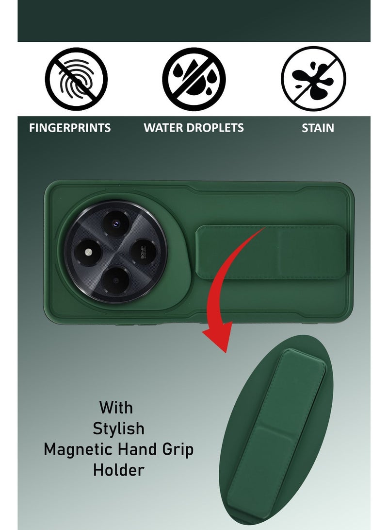 GMATE For Redmi 14c - Hard Silicone Magnetic Back Stand Case  With Foldable Kickstand & Finger Strap  - Green - Image 4