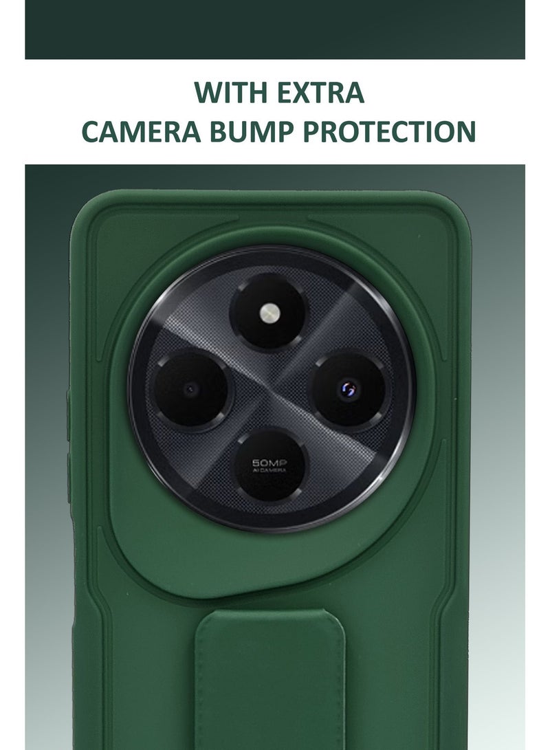 GMATE For Redmi 14c - Hard Silicone Magnetic Back Stand Case  With Foldable Kickstand & Finger Strap  - Green - Image 3