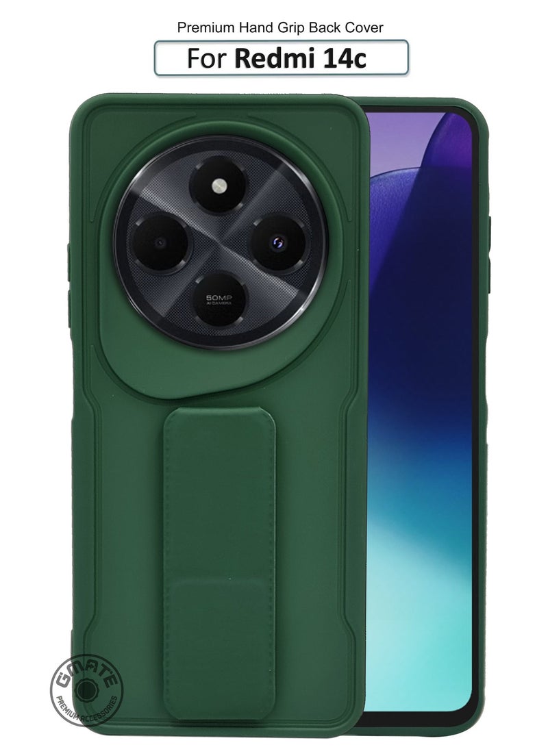 GMATE For Redmi 14c - Hard Silicone Magnetic Back Stand Case  With Foldable Kickstand & Finger Strap  - Green - Image 1