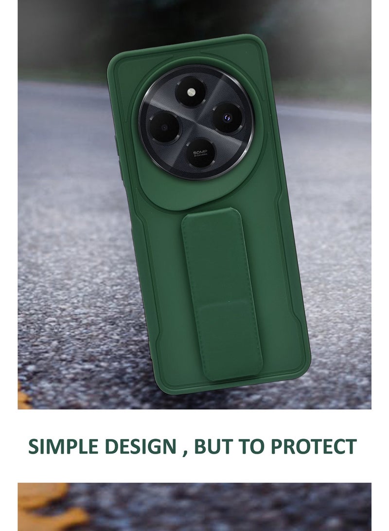 GMATE For Redmi 14c - Hard Silicone Magnetic Back Stand Case  With Foldable Kickstand & Finger Strap  - Green - Image 2