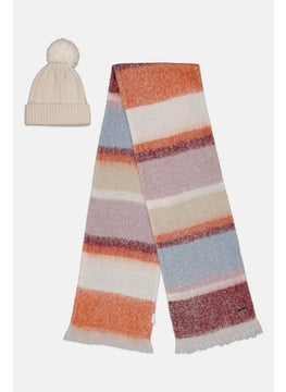 ELLE Women Color Block Scarves With Beanie Set, White  - Image 1