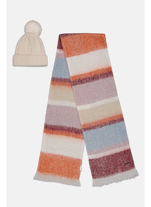 Women Color Block Scarves With Beanie Set, White