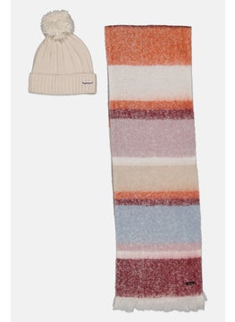 ELLE Women Color Block Scarves With Beanie Set, White  - Image 2