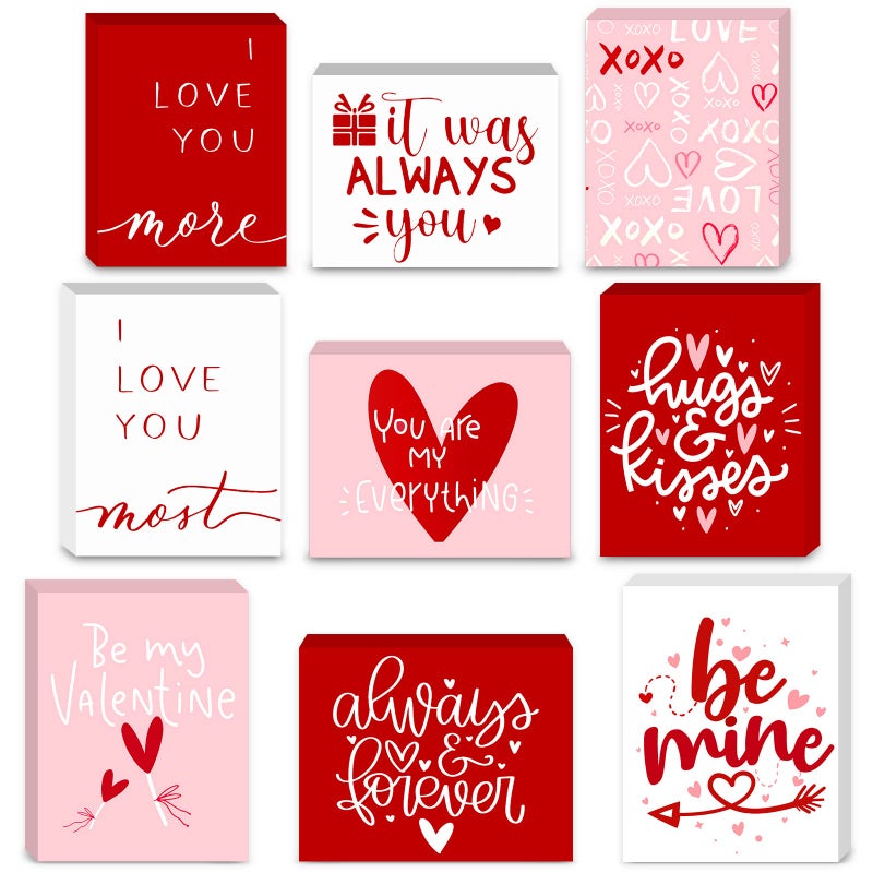 Unittype 9 Pieces Wooden Valentineâ€˜s Day Decor with Sayings Red Pink White Love Wood Box Sign Rustic Valentines Sign Decor Decorative Mini Wood Signs Love Table Top Decoration for Home Shelf Block, 9 Styles - Image 1