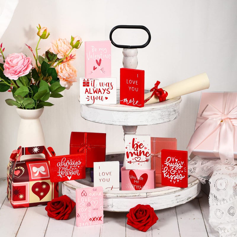 Unittype 9 Pieces Wooden Valentineâ€˜s Day Decor with Sayings Red Pink White Love Wood Box Sign Rustic Valentines Sign Decor Decorative Mini Wood Signs Love Table Top Decoration for Home Shelf Block, 9 Styles - Image 3