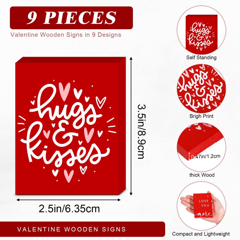 Unittype 9 Pieces Wooden Valentineâ€˜s Day Decor with Sayings Red Pink White Love Wood Box Sign Rustic Valentines Sign Decor Decorative Mini Wood Signs Love Table Top Decoration for Home Shelf Block, 9 Styles - Image 2
