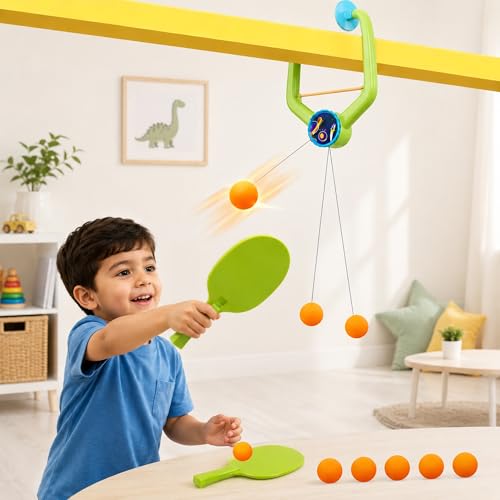 Kidology Door Hanging Table Tennis Trainer for Kids | Indoor Ping Pong Game Set with 2 Rackets and 6 Balls | Fun Sports Toy for Boys and Girls Ages 3+ | Safe Non-Toxic Indoor Play Activity - Image 1