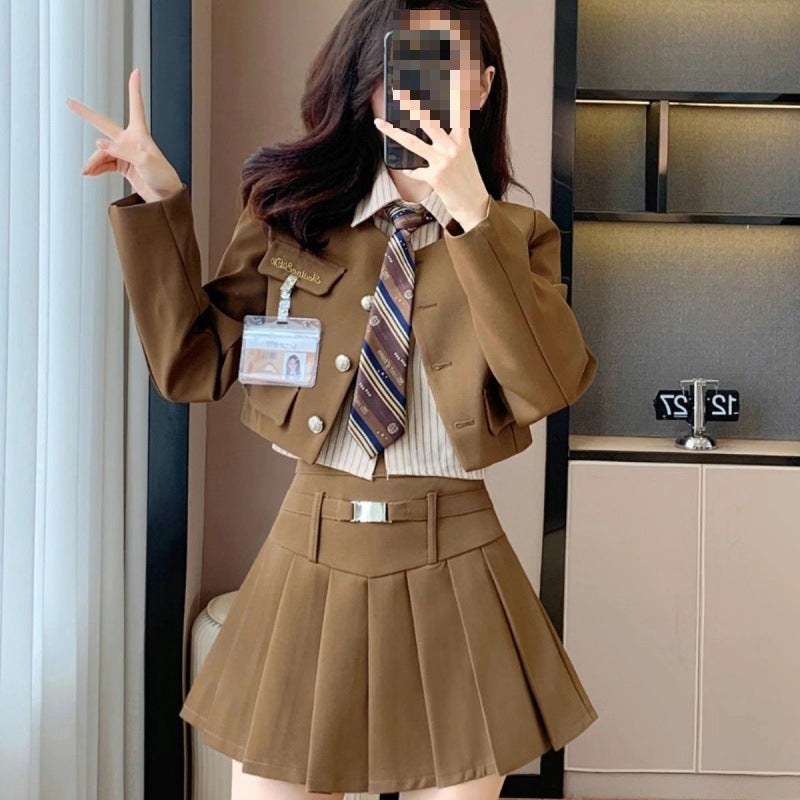 Chic Pleated Skirt  Blazer Set for Women brown shirt brown tie (one piece)