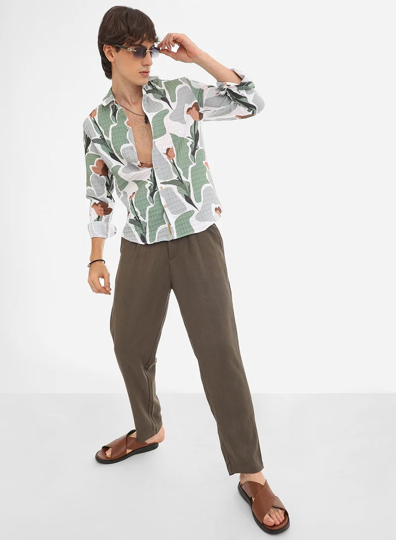 كامبوس سوترا Men's Pistachio Green & Ash Grey Abstract Tulip Shirt