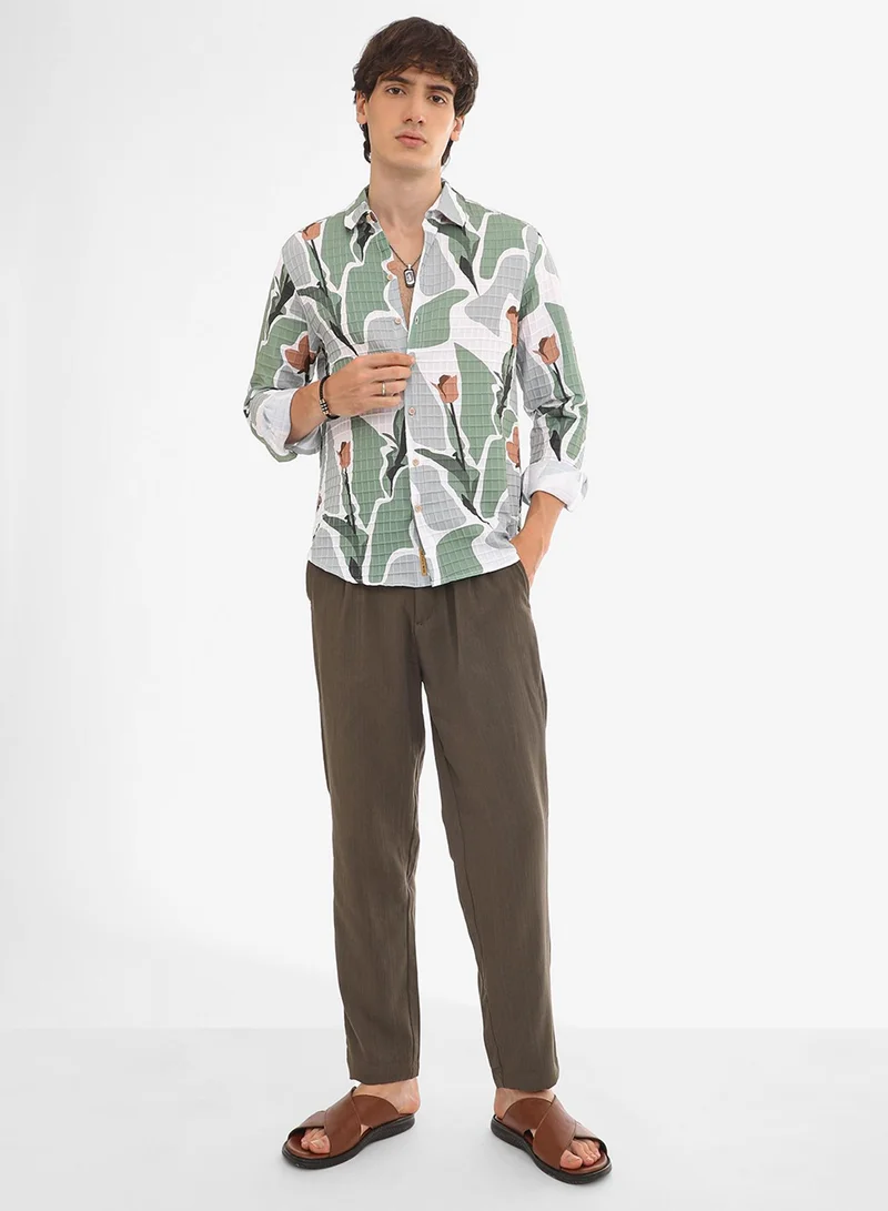 كامبوس سوترا Men's Pistachio Green & Ash Grey Abstract Tulip Shirt