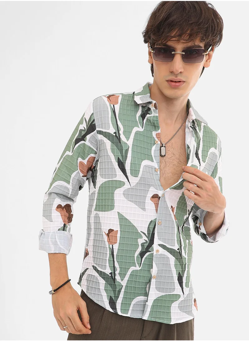 كامبوس سوترا Men's Pistachio Green & Ash Grey Abstract Tulip Shirt