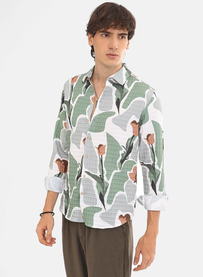 كامبوس سوترا Men's Pistachio Green & Ash Grey Abstract Tulip Shirt