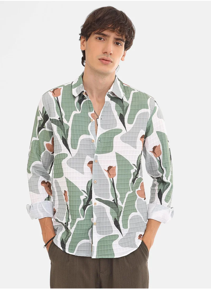 كامبوس سوترا Men's Pistachio Green & Ash Grey Abstract Tulip Shirt