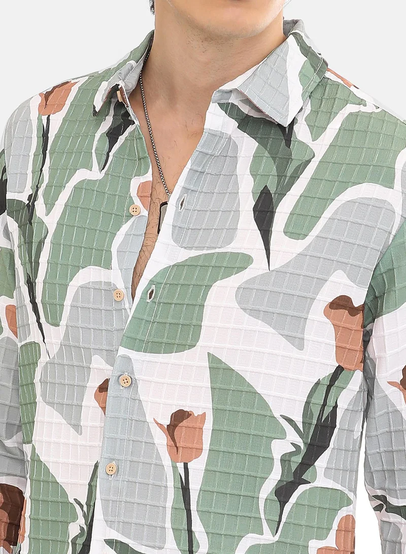 كامبوس سوترا Men's Pistachio Green & Ash Grey Abstract Tulip Shirt
