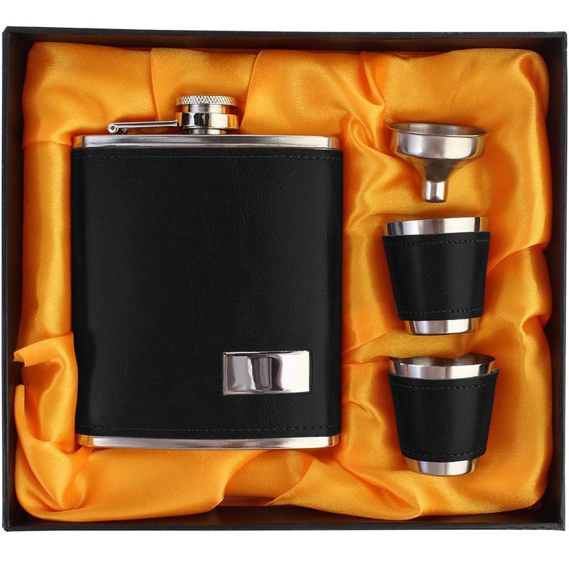 Jonquin Stainless Steel/Faux Leather 7 Oz/207 ml Hip Flask + 2 Shot Glasses + Funnel (NEW-5115) - Image 1