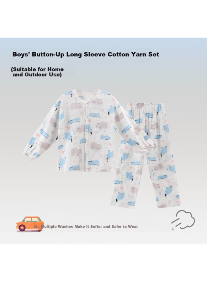 Zisehy Purple Floral Language Boys' Cotton Yarn Pajamas Children's Homewear Spring Autumn Set White 140 - Image 1