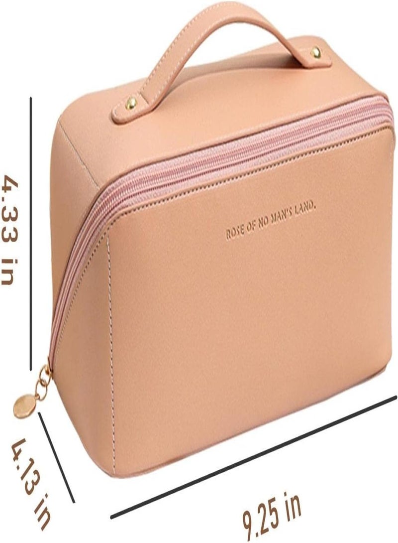 خاجول حقيبة مستحضرات تجميل كبيرة السعة للسفر، حقيبة أدوات زينة محمولة من جلد البولي يوريثان مقاومة للماء مع مقصورات ومقبض (وردي) - Image 2