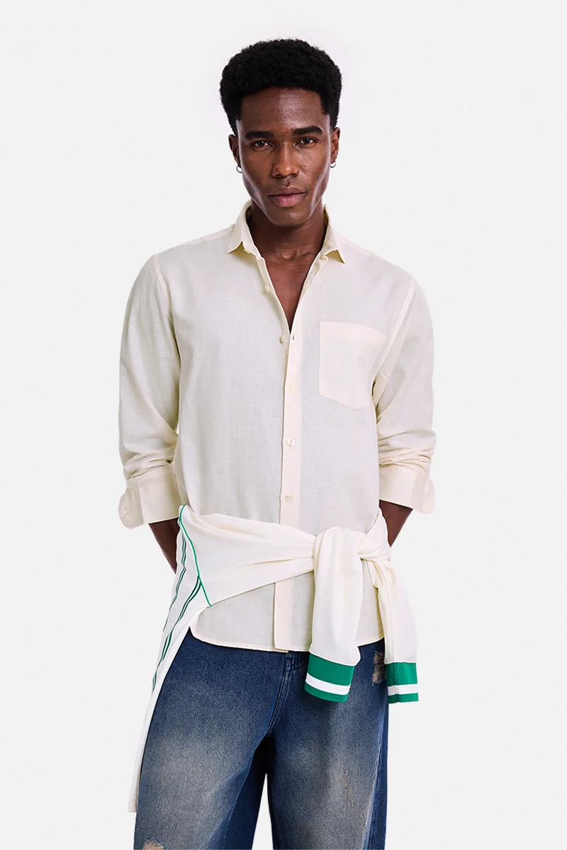 سنيتش Cream Solid Long Sleeve Regular Fit Shirt