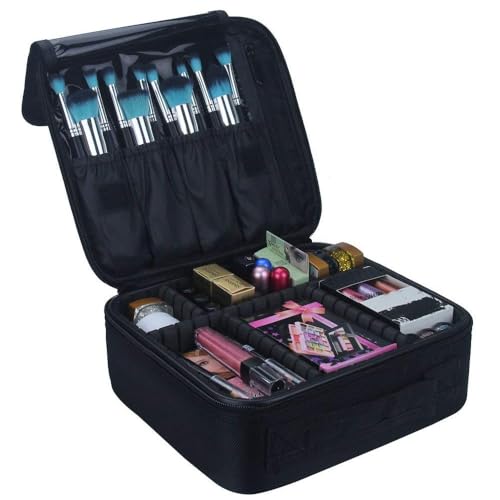 INOVERA (LABEL) Nylon Makeup Organizer Bag for Women, Girls & Bride - Travel Cosmetic Kit Storage Organiser - Toiletry Vanity Box with Adjustable Compartment, 26l x 23b x 9h cm (Black) - Image 3