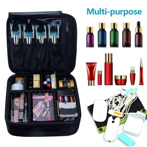 INOVERA (LABEL) Nylon Makeup Organizer Bag for Women, Girls & Bride - Travel Cosmetic Kit Storage Organiser - Toiletry Vanity Box with Adjustable Compartment, 26l x 23b x 9h cm (Black) - Image 5