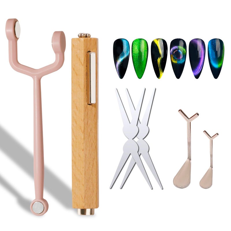 Dr.nail Nail Magnet for Cat Eye Gel Nail Polish, 3 in 1 Wooden Handle Cat Eye Magnet Y-Shaped Double Head Magnetic Nail Tools 2 Heart & 2 French Cateye Magnet for Nails Art DIY Home - Image 1