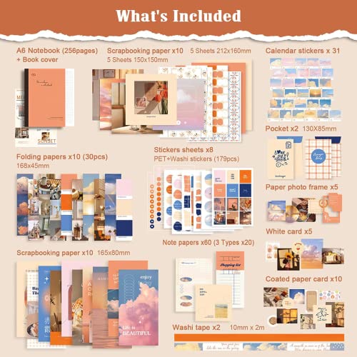 The AutoStory Scrapbook Set A6 Junk Journaling Notebook Aesthetic Stickers Decorative Paper Washi Tape DIY Craft Art Diary Planner Decor Memory Book Gift for Women Teens Girls (Until Sunset, Orange) - Image 2