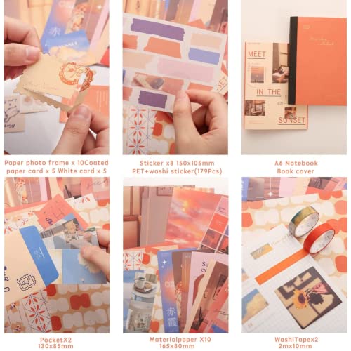 The AutoStory Scrapbook Set A6 Junk Journaling Notebook Aesthetic Stickers Decorative Paper Washi Tape DIY Craft Art Diary Planner Decor Memory Book Gift for Women Teens Girls (Until Sunset, Orange) - Image 3